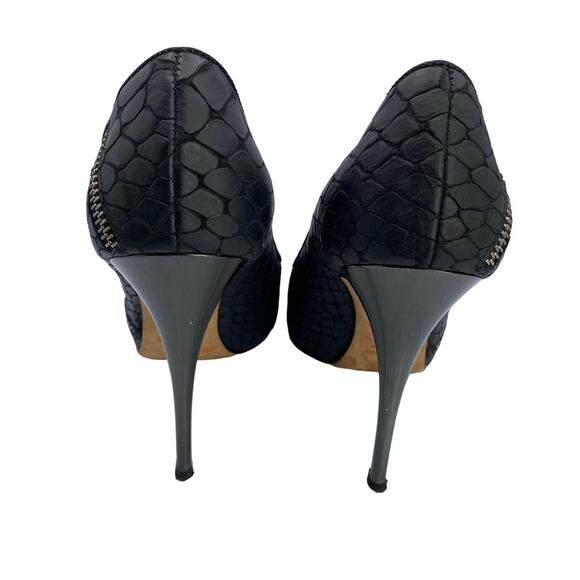 Giuseppe Zanotti Black Snakeskin Peep Toe Heels, Size 8, Zipper Detail Pumps - Picture 5 of 10